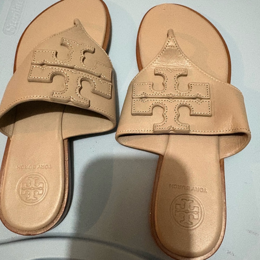 Tory Burch Sandals Weston Full Logo Thong - Calf Leather Size 7
